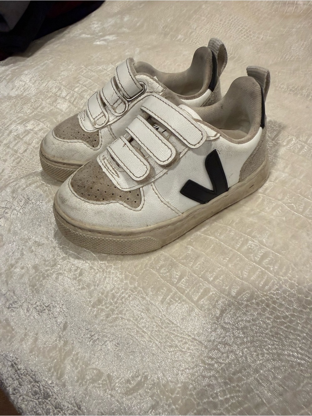 Veja Kids White and Gray Velcro Sneakers with Black Accent